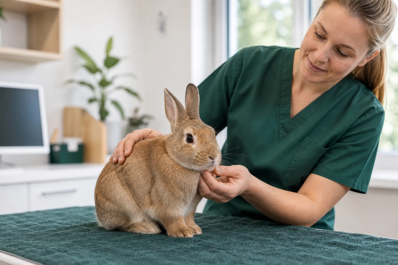 Tierärztin untersucht behutsam ein Kaninchen